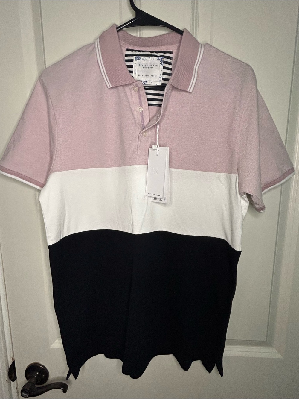 Denim & Flower pink, white, and black color block polo shirt golf athleisure